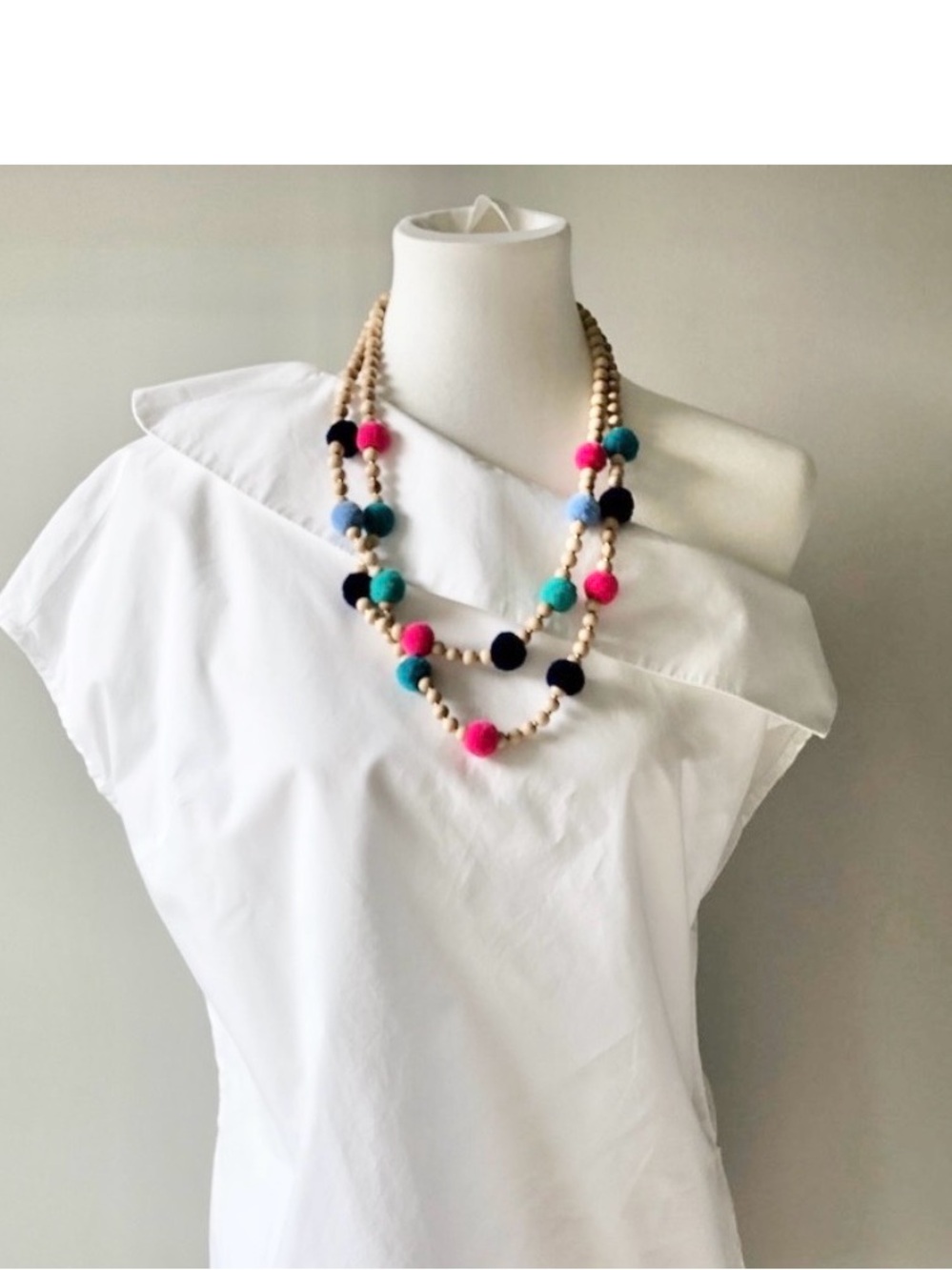 J. Crew Beaded Pom-Pom Statement Necklace - Pink, Teal, Navy